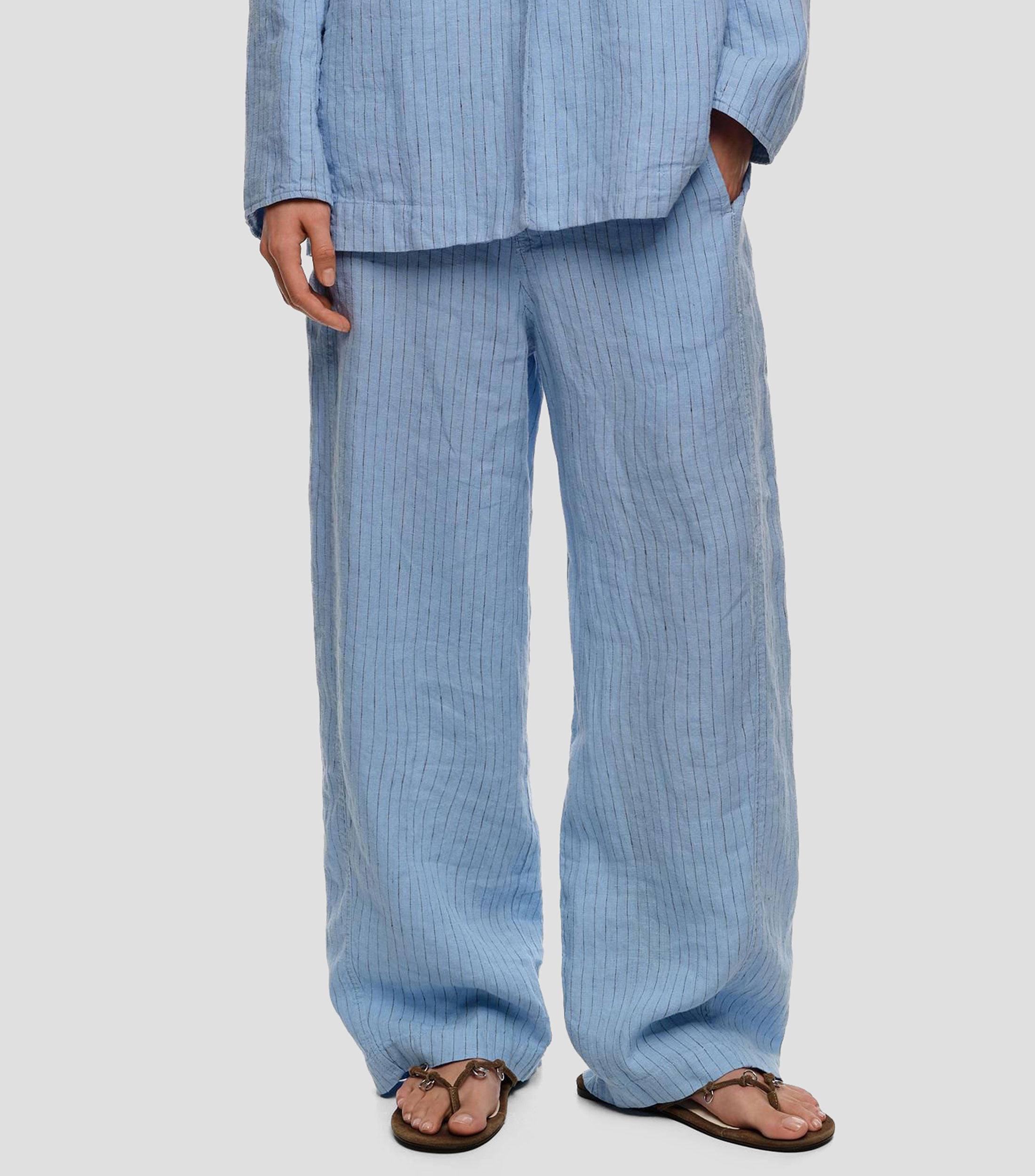 Pantalón barrel lino lavado rayas azul claro Mujer